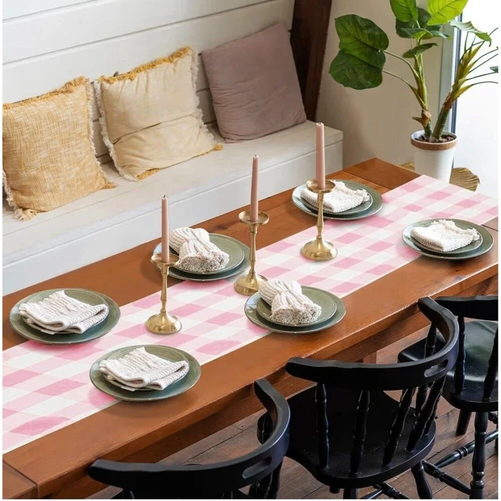 Pink and White Buffalo Checked Gingham Waterproof Table Runner 14x108 Set of 3